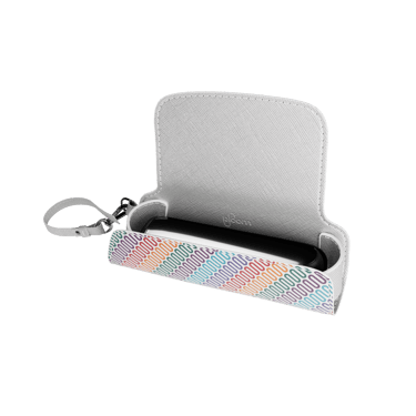 Multicolored Patterned Canvas Solo Carry Case shown with product dimensions: 32.5 cm height x 12.75 cm width and 2.8 cm depth 
